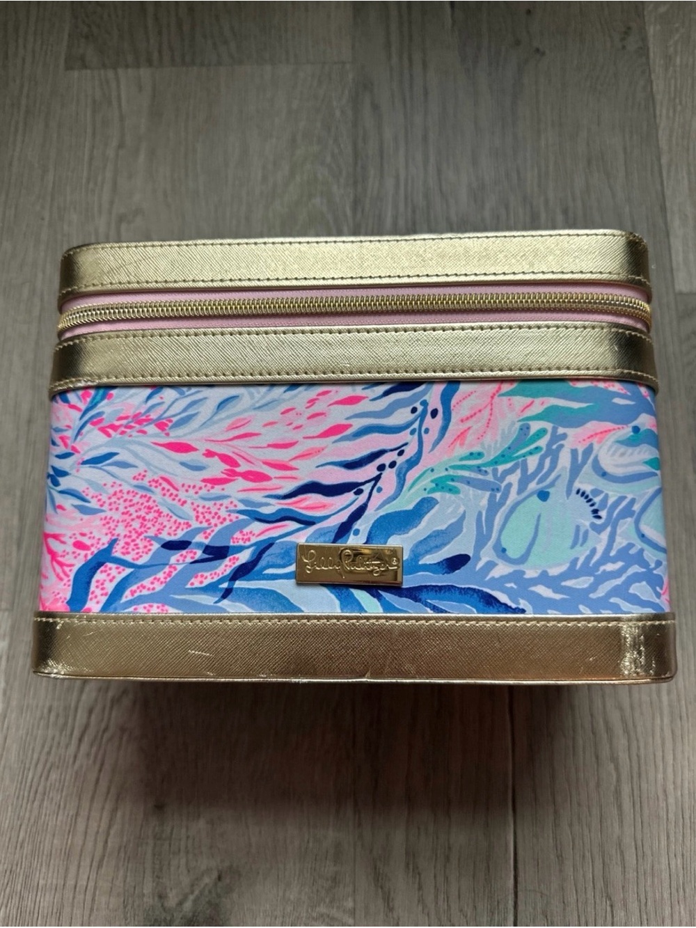 Lilly Pulitzer Gold Trim Cosmetic Pouch with Pink, Blue & Aqua Print